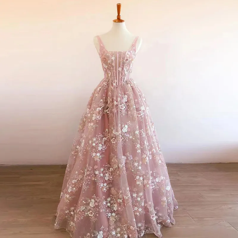 Stunning Prom Dress Pink Floral Applique Embroidery Illusion Long Evening Dresses Lace-up Back L&P DQL Studio Real Pictures