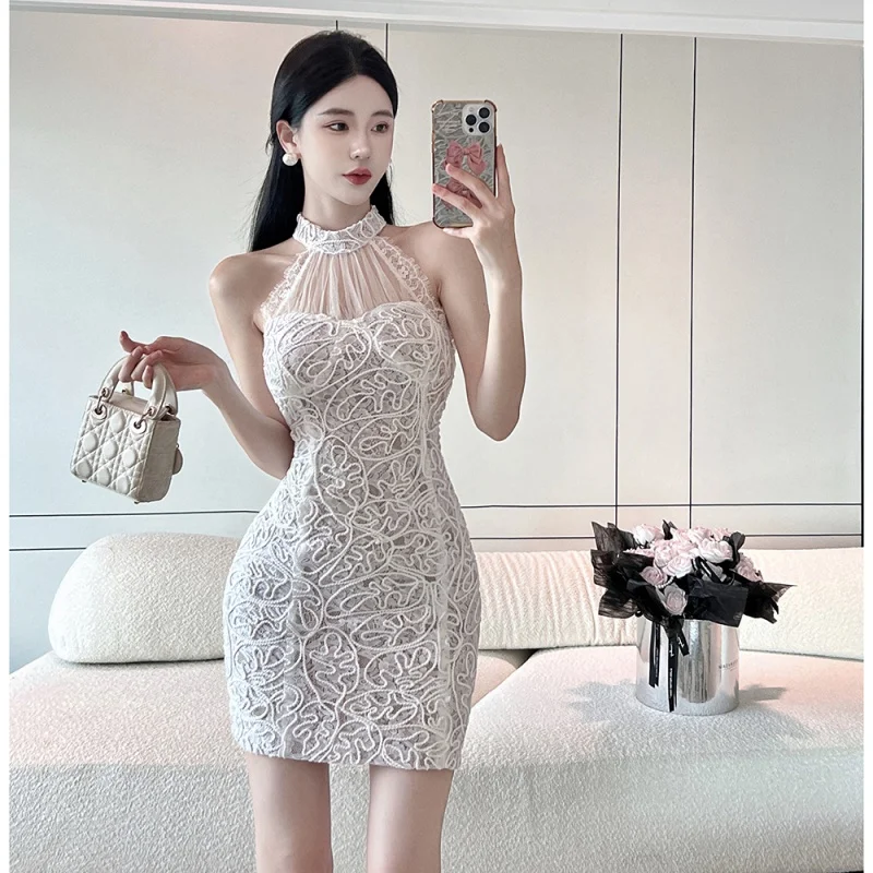 

Yanling New Women's Clothing Young Sexy Halter Lace Slim Hip-Wrapped Dress Dress