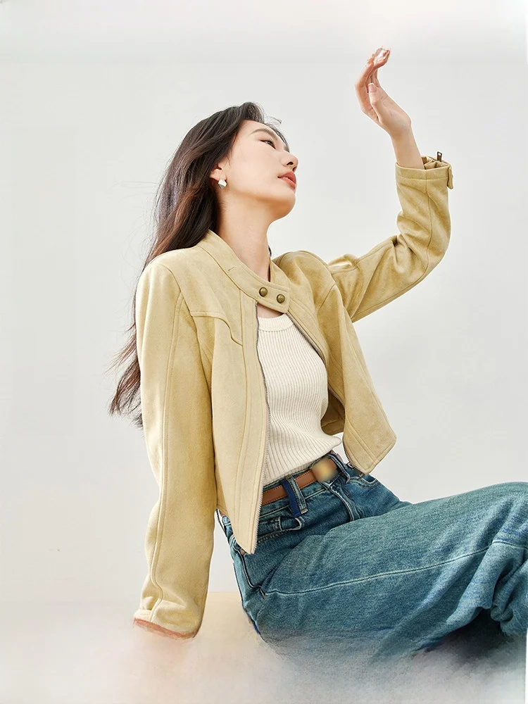 

Американская ретро-куртка для женщин, осень 2025, новая модель с дизайнерскими вставками, топ из полиэфирного волокна с длинными рукавами и застежкой-молнией