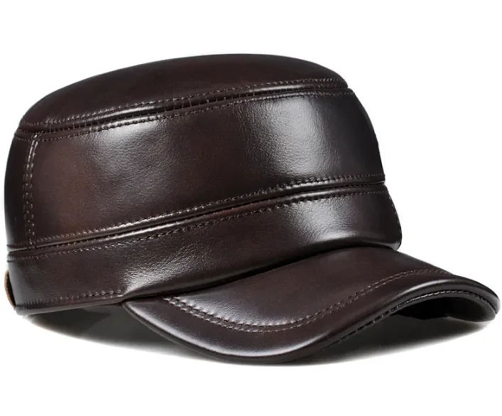 Winter Echtes Leder Kappe männer Flache Kappen Militär Hut Elegante Mann Baseball Kappe Britischen Vintage Rindsleder Ohr Warme Mütze – Detail 6