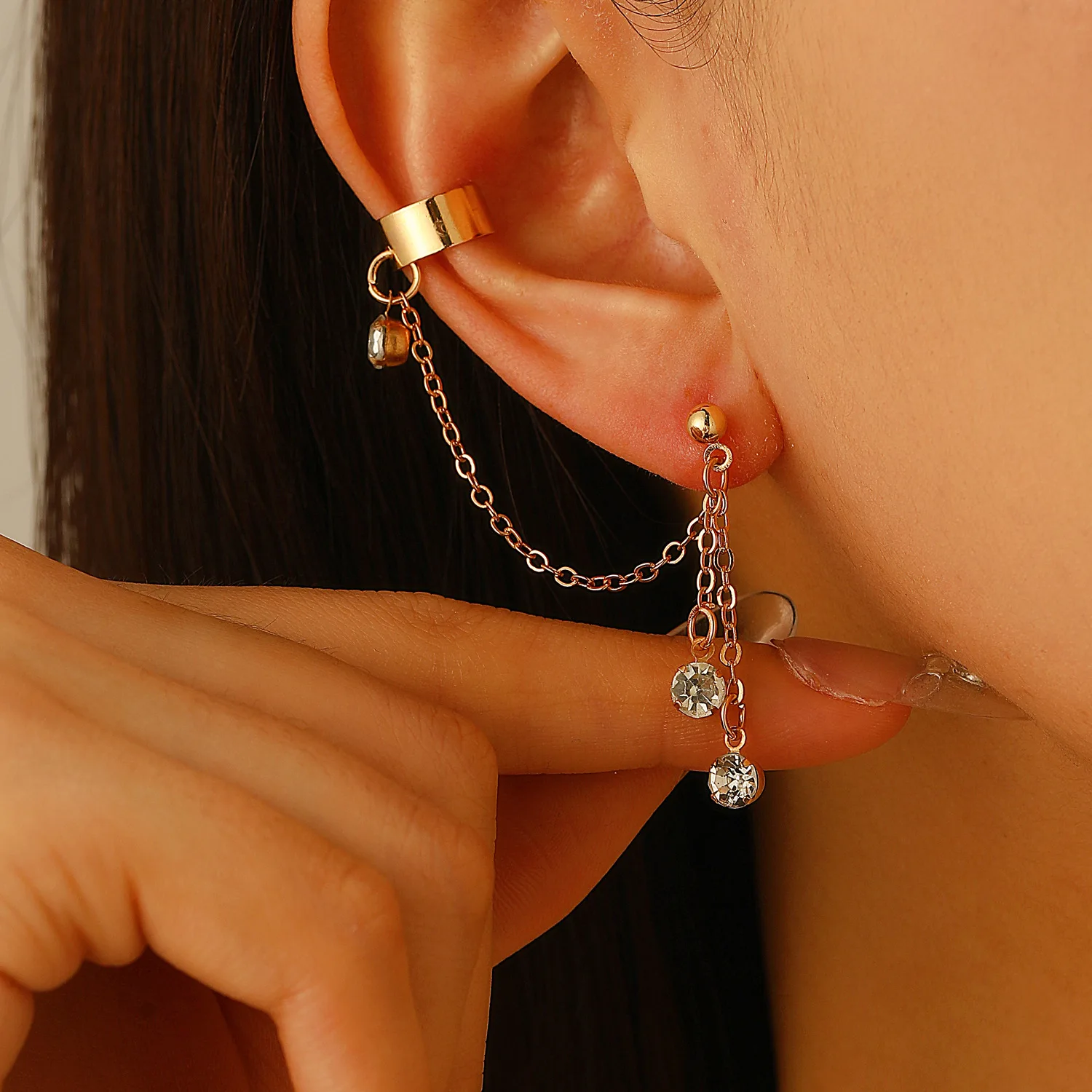 

Single Side Ear Cuff Chain Crystal Clip Earrings Ear Clip Set Statement Jewelry Women's Accessories