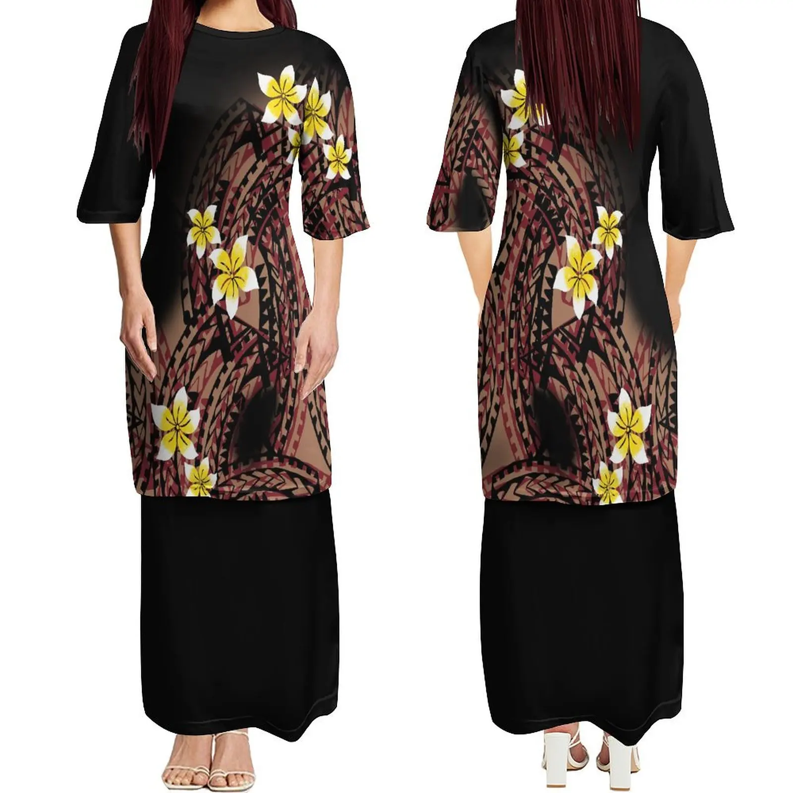 Polynesian Tribe Custom Island Color Contrast Women'S Mid-Sleeve Dress Puletasi Suit Samoan Maxi Dress