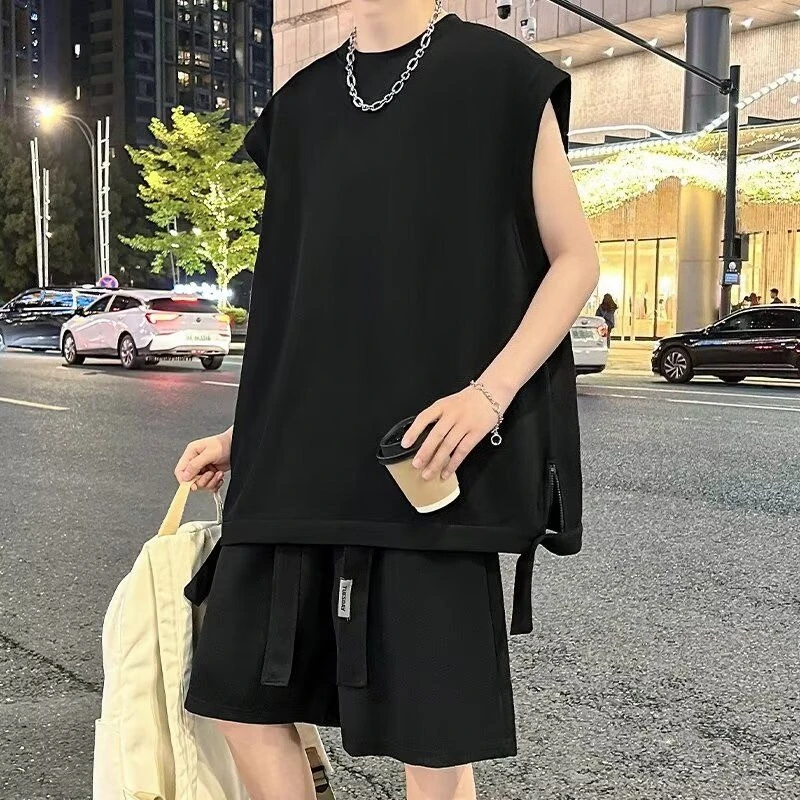 

Men Plus Size Sleeveless T-Shirt Set Summer Teenage Casual Sportswear Tank Top Shorts 2 Piece Outfits
