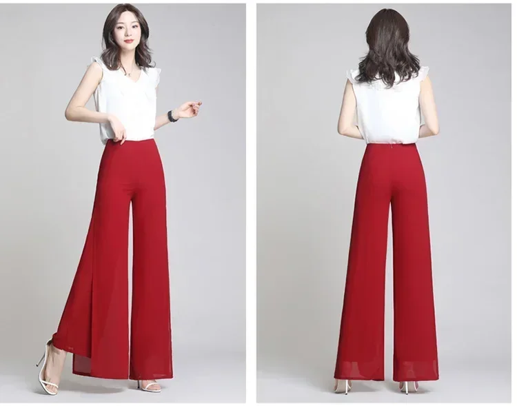 Dance Pant Hot Sale Ladies Baggy Pants Summer Casual Pants Women Wide Leg Fashion High Waist Side Split Black White Chiffon Pant