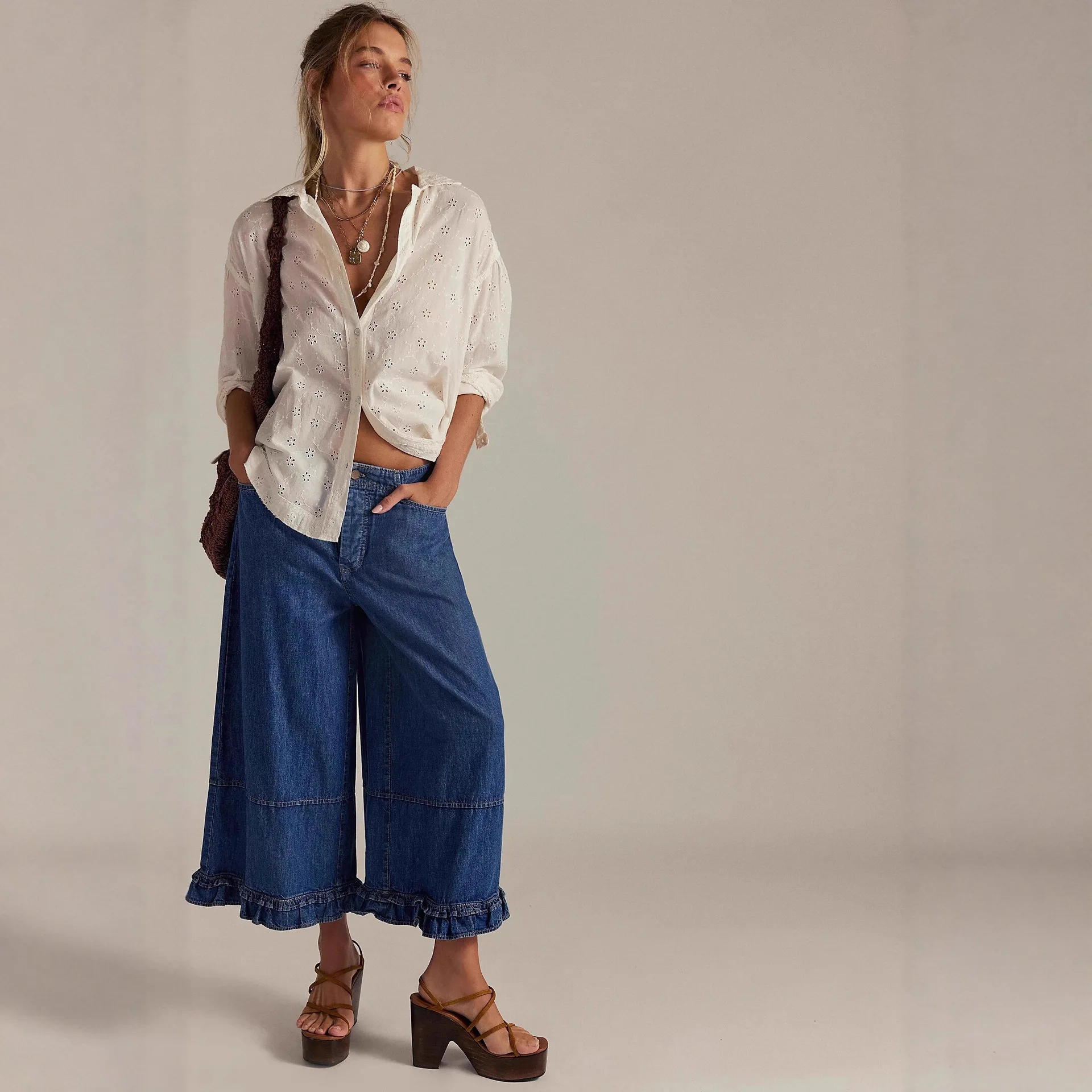 Spring New Women's Loose Wide Leg Denim Pants with Retro Pleated Lace Hem Elastic High Waisted Loose Jeans with Pockets