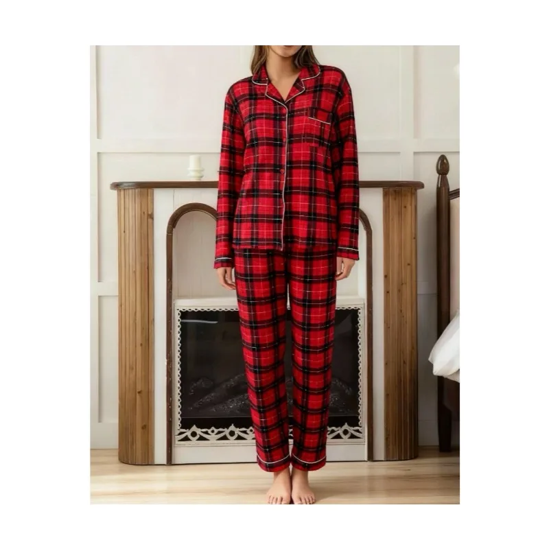 

ZEMOREXMZ Women's Plaid Pajamas Set Long Sleeve Lapel Top And Trousers 2 Piece Sleepwear Autumn Casual Button Loungewear