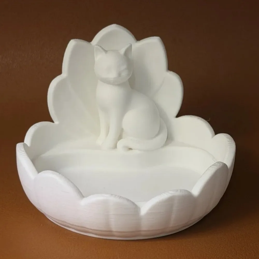 Cute Lotus Cat Jewelry Storage Tray Lotus-Shaped 3D Printed Cosmetic Storage Dish Stable Base Plastic Desktop Organizer Bathroom
