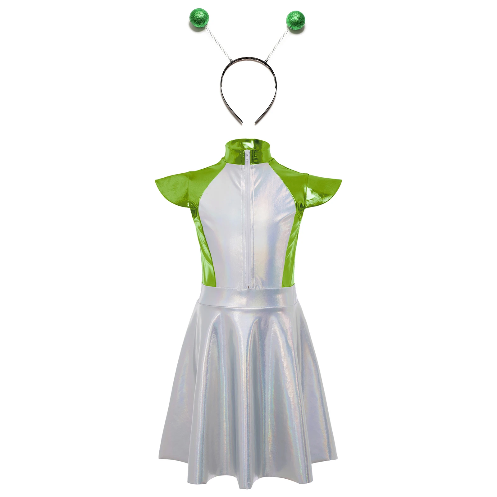 Kids Girls Cosplay Alien Costume Set Halloween Carnival Outfit Role Play Outer Space Fancy Dress Cutie Costume with Hair Hoop