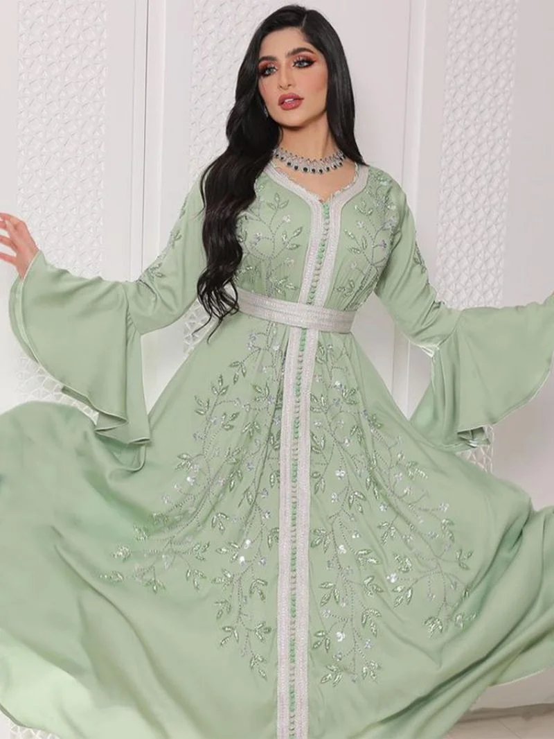 India Turkey Muslim Abaya Dresses Women Elegant Diamond Wedding Evening Party Dress Lace Belted Abaya Morocco Caftan Robe