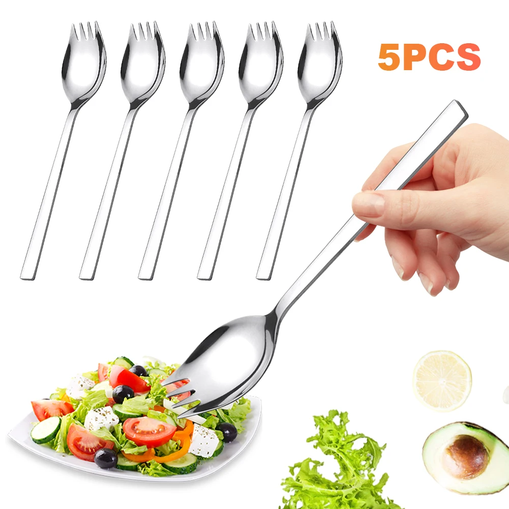 

5Pcs Spork Stainless Steel Flatware Utensil Set Multipurpose Portable Noodle Fork for Dessert Ice Cream Salad