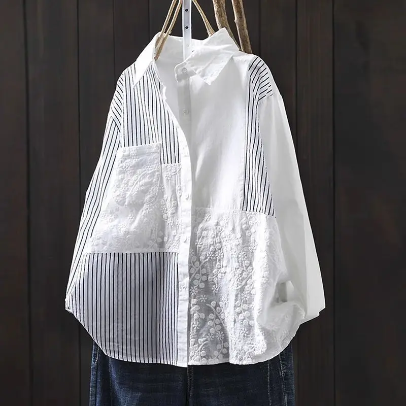 

Turndown Collar Versatile Casual Striped Shirt Women's Top Long Sleeved Loose New Autumn Style Fashion White Shirt
