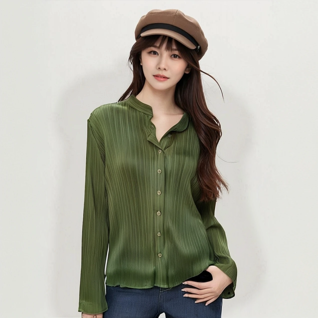 

Miyake Pleated Spring and Autumn New 2025 Fashion Slim Pleated Solid Color Shirt Women's Versatile Pendant Long-sleeved Shirt