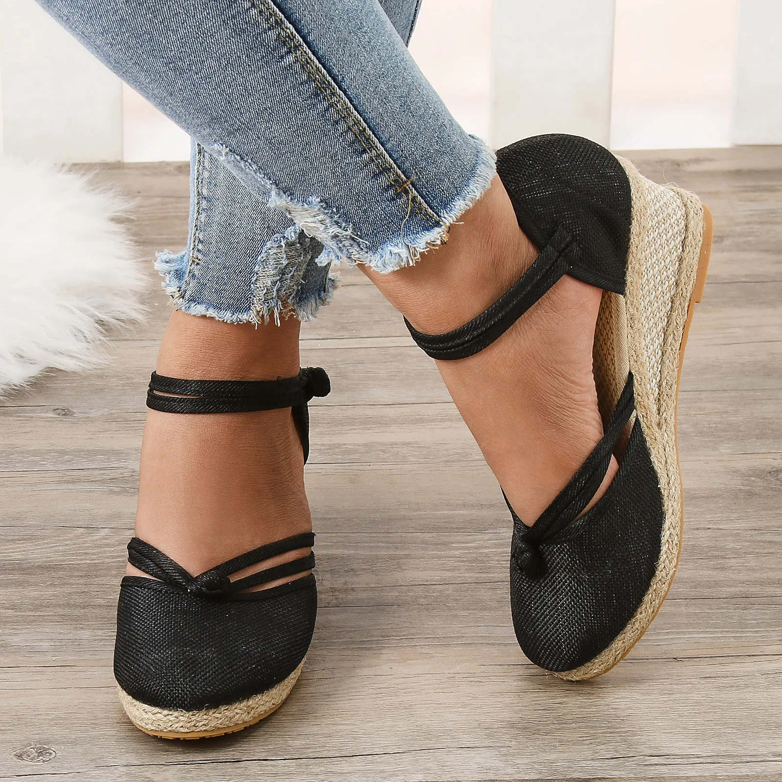 Summer 6cm Heel Platform Espadrilles Shoes Women\'s Sandals Braided Espadrille Knot Button Ankle Strap Wedge Sandals Linen Wedge