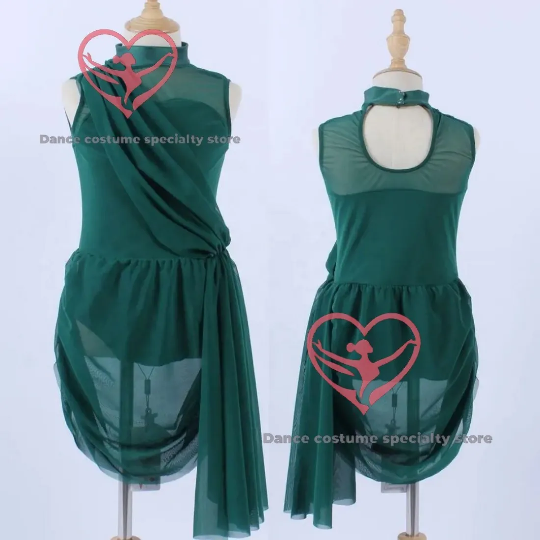 

Изумрудно-зеленый прозрачный танцевальный костюм с бретелькой на шее