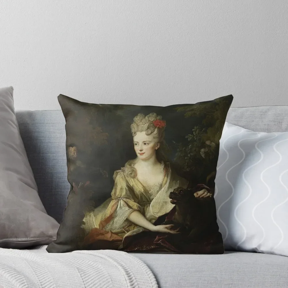 

Portrait of a Lady with a Dog and a Monkey (1700) - Nicolas de Largillière Throw Pillow Couch Cushions anime girl Pillow