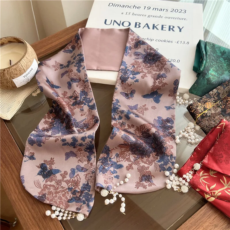 Print Narrow Long Scarf Headband Neckerchief Neck Wraps Hair Accessories Suit Shirt Decoration Pearl Tassel Scarves for Women