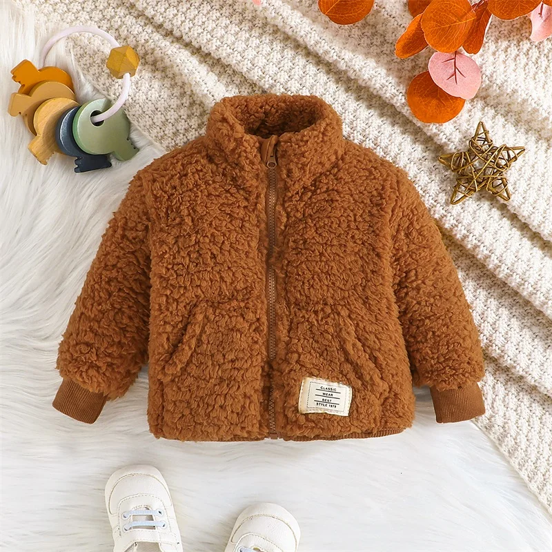 2023-08-14 Lioraitiin 3-24M Newborn Baby Boy Fleece Jacket Long Sleeve Stand Collar Zipped Winter Jacket Outwear with Pockets