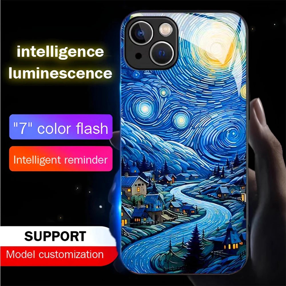 

Pretty Landscape Painting Led Light Phone Case Call Flash Glitter Cover For Samsung S25 S24 S23 S22 S21 S20 FE Note Plus Ultra