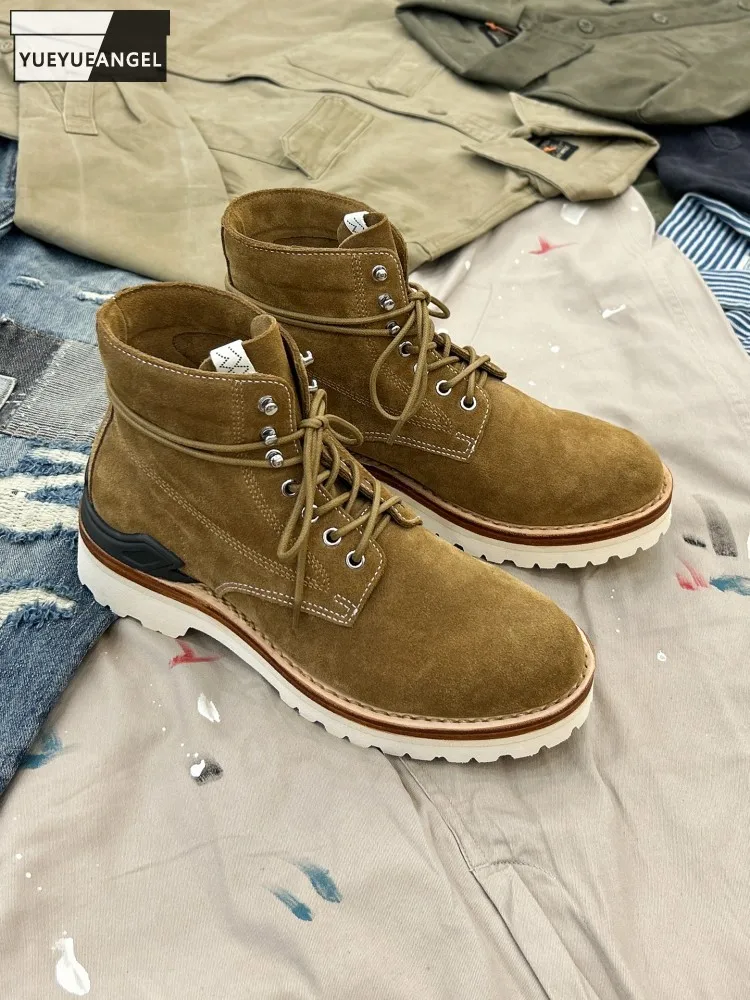 

Men Comfortable High Top Warm Cow Suede Leather Work Shoes Thick Platform Lace Up Genuine Leather Ankle Boots Motorcycle Riding