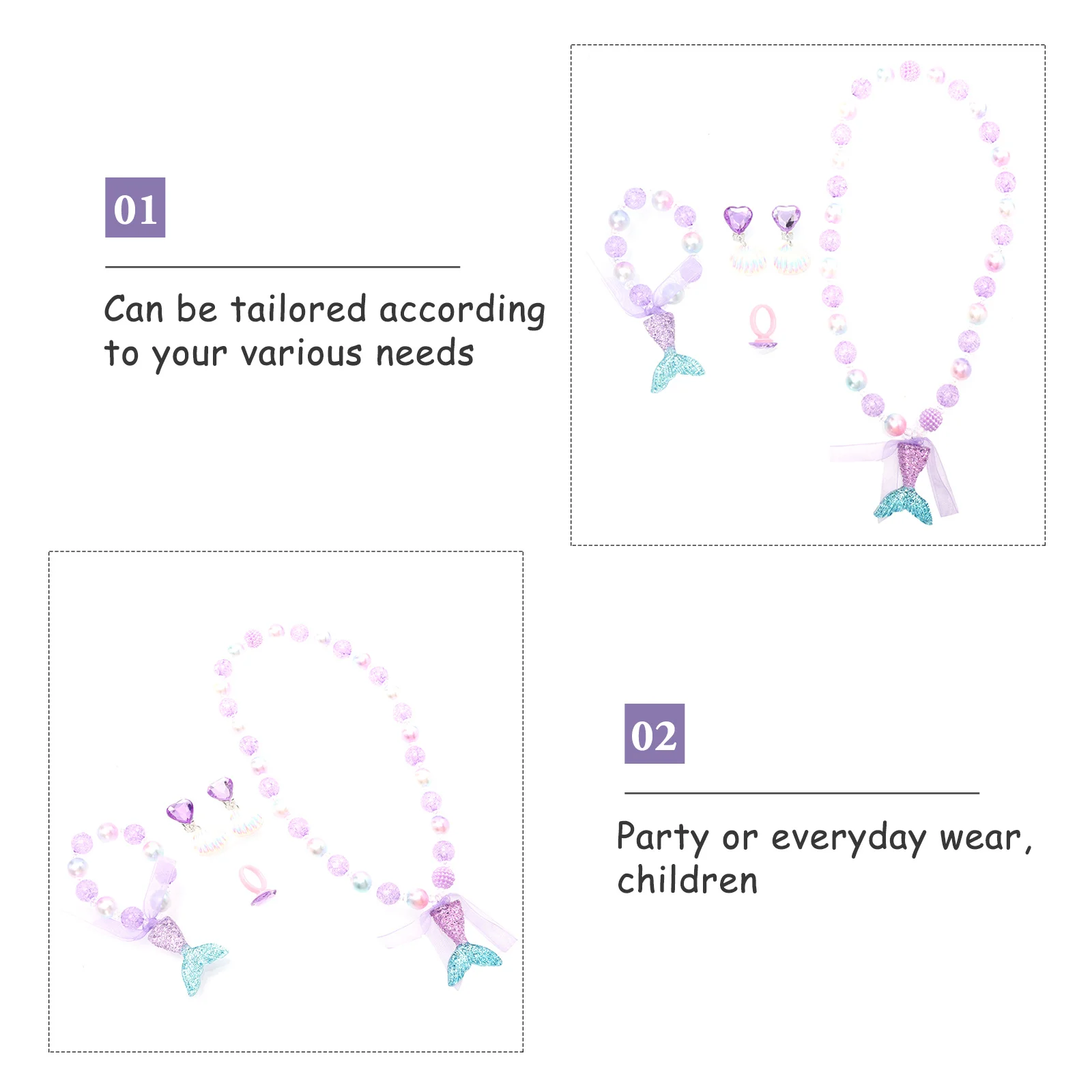 

Mermaid Necklace Ear Adornments Colorful Kids Jewelry Set Clip on Earrings Neck Ornament Gifts