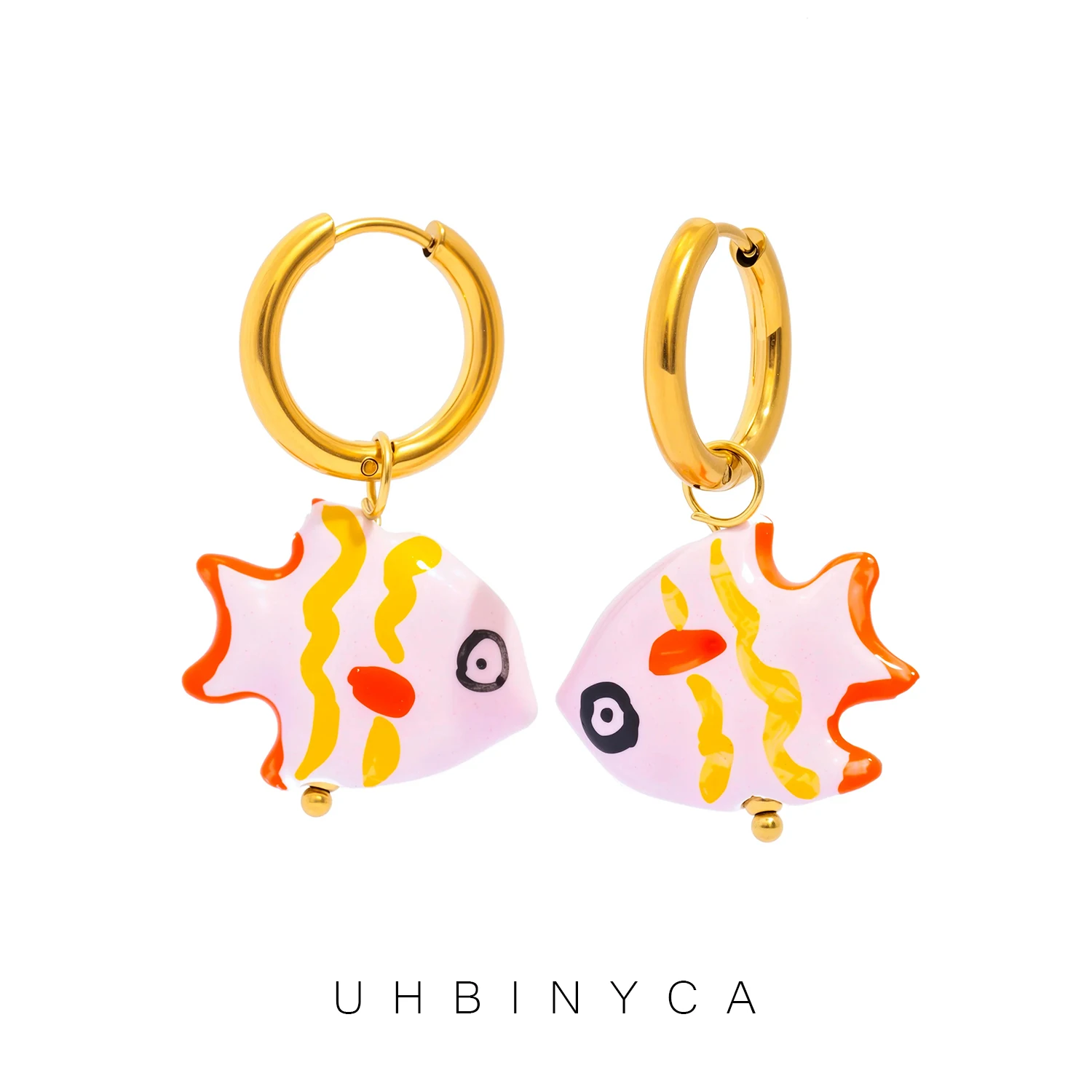 Tropical Fish Ceramic Earrings - Doodle Pendant & 18K Gold Plated Stainless steel Hoops, Convertible Jewelry for Women Gift