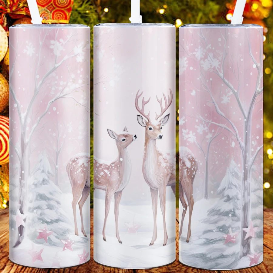 1pc 20oz Water Bottle Straw Lid Stainless Steel Insulated Mugs 3D Print Elk Outdoor Travel Coffee Mugs Christmas Holiday Cups