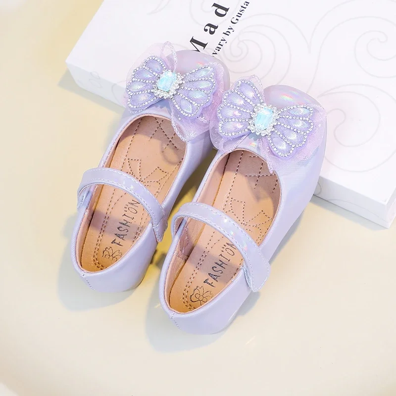 Zapatos de cuero de princesa para niñas, zapatos planos con pajarita de diamantes de imitación, informales, para fiesta de boda, primavera y otoño