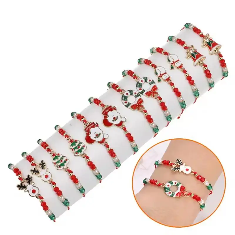 Xmas Gift Exchange Bracelet Set 6/12Pcs Santa Elk Bell Red Rope Crystal Beaded for Office Holiday Activity