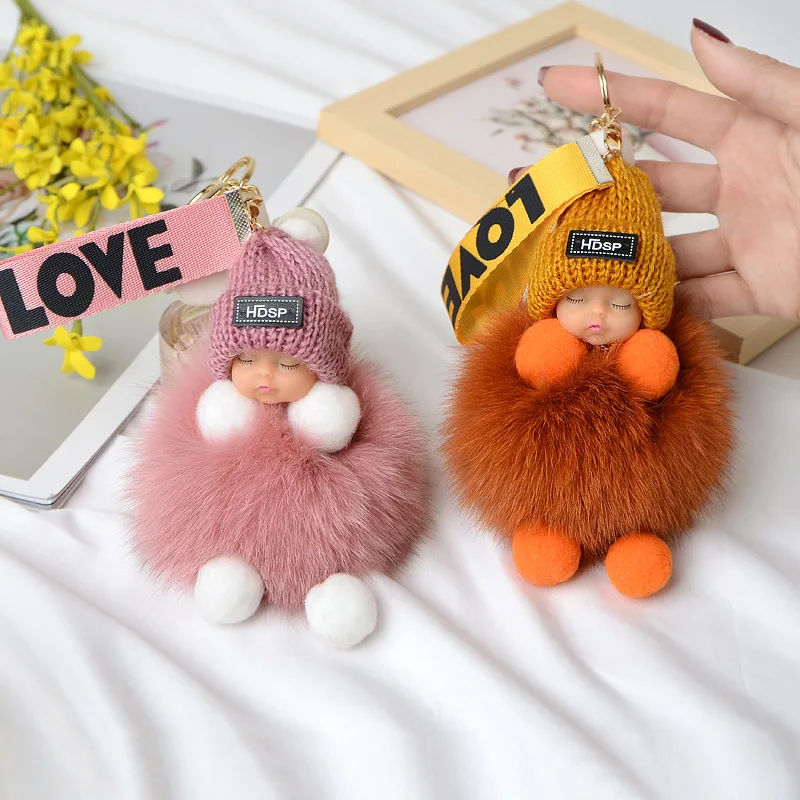 Cute Sleep Baby Pompom Keychain Real Fox Fur Doll Keyring Plush Doll Pendant Fashion Key Holder Chain for Car Key Ring Women Bag