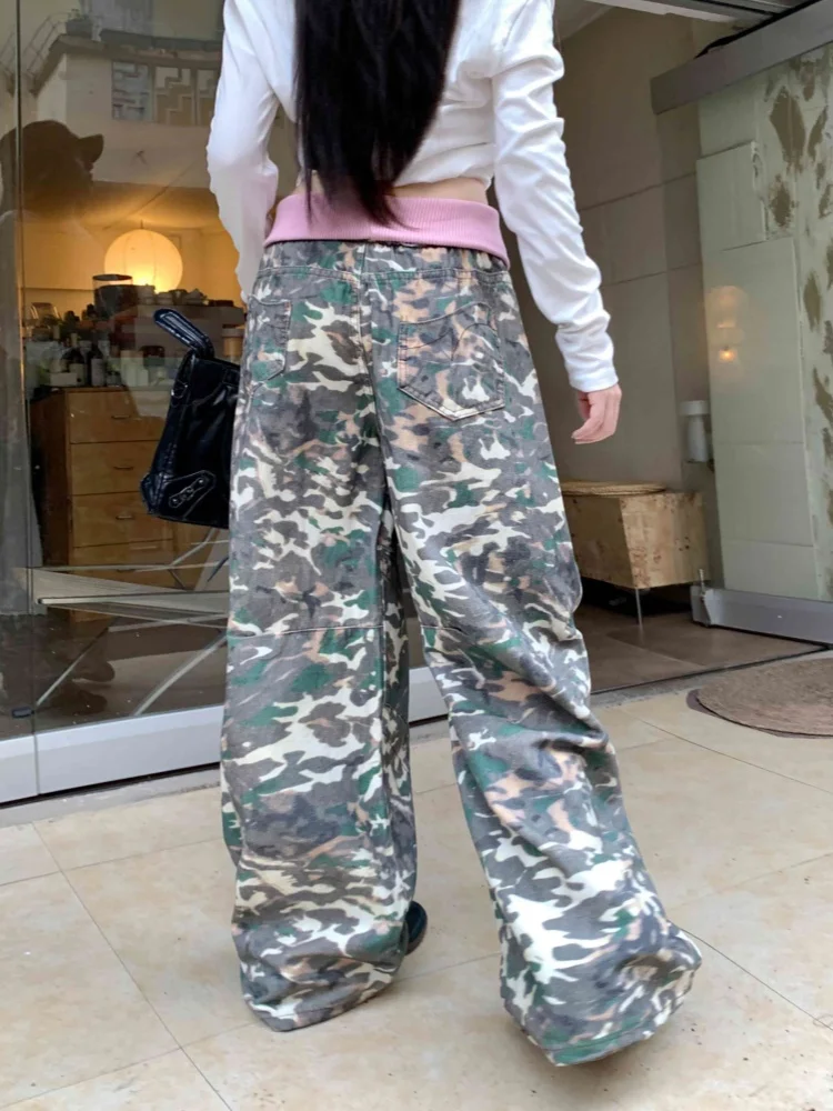 2026 Gothic Y2K Style Contrast Color Patchwork Camouflage Baggy Women's Jeans Pants For Woman Clothing Wide Leg Long Trousers