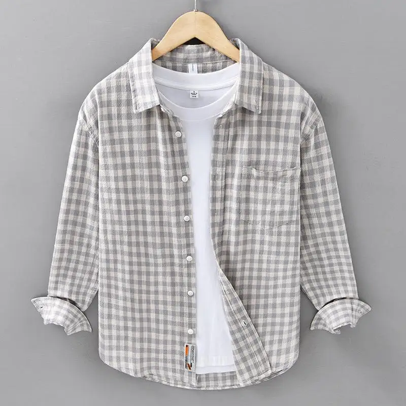 

Brushed Long Sved Checkered Shirt for Young Men Casual Style Gridded Pattern Regular Fit Long Sleeve Casual Wear Resistant De...
