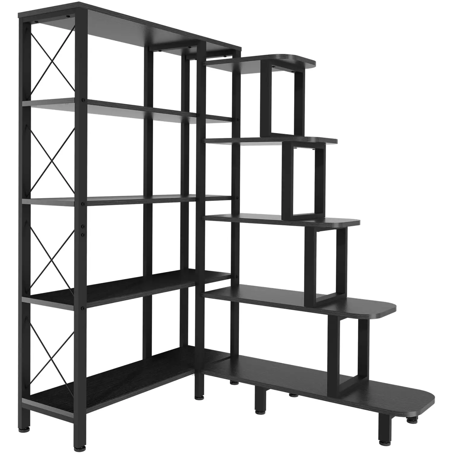 Corner Bookshelf Bookcase, Large Reversible 5 Tier Ladder Shelves Storage Display Rack with Metal Frame, Industrial