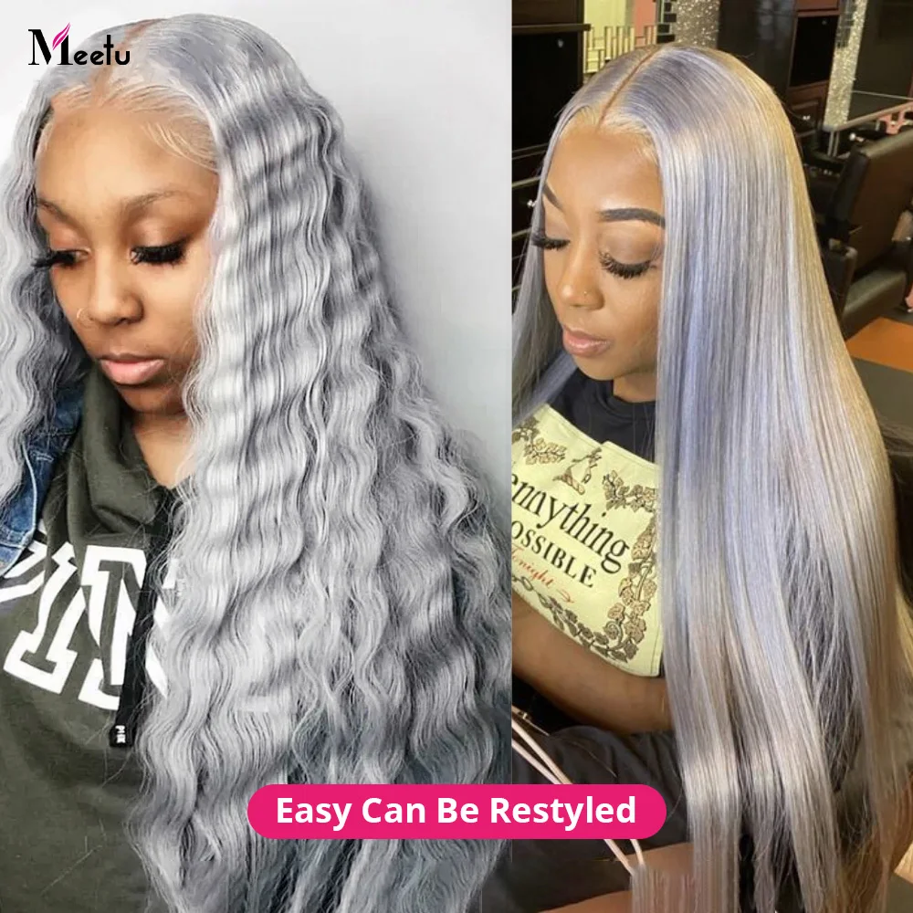 Meetu Silver Gray Body Wave Lace Front Wig 13x4 Lace Frontal Human Hair Wigs Transparent Brazilian Colored Human Hair For Women