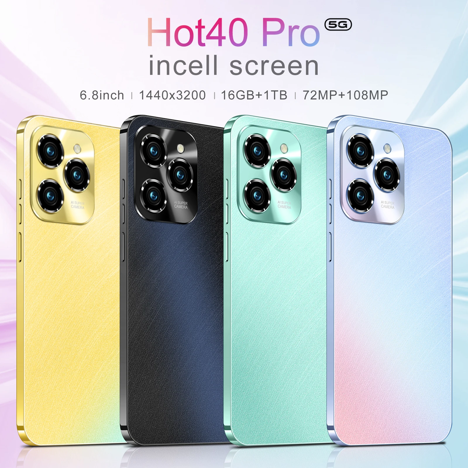 글로벌 버전 안드로이드 언락 스마트폰, 5G 듀얼 심 셀룰러, Hot40 Pro HD6.8 화면, 오리지널 휴대폰