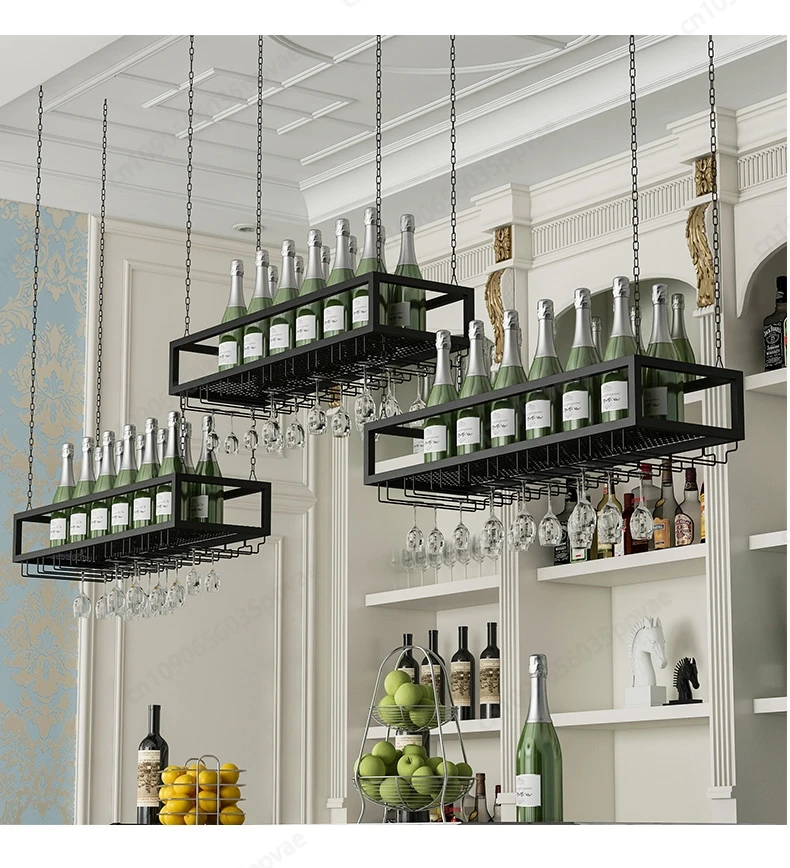 Retro Hanging Goblet Wine Rack Ceiling Adjustable Wine Glass Rack Wrought Iron Hanging Wine Bottle Wine Glass Rack 100/120/150cm