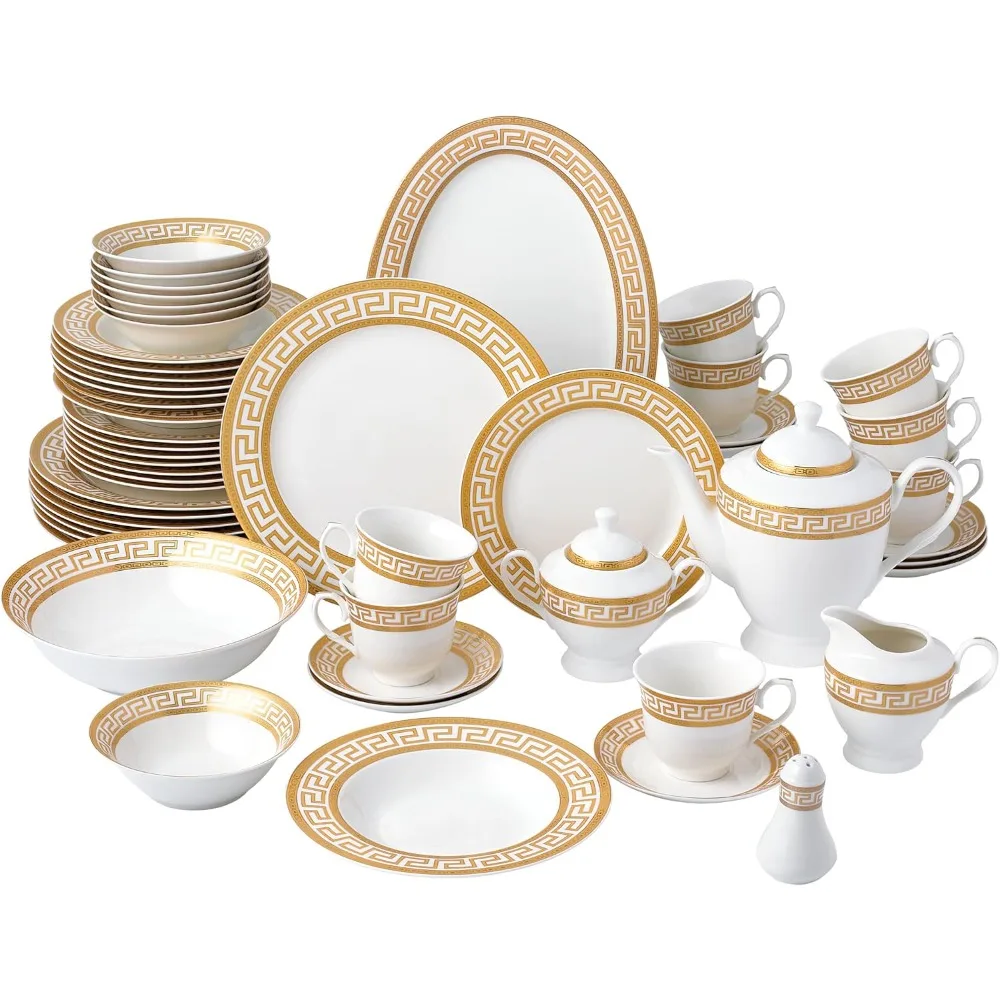 

57-piece Dinnerware Set, Service For 8, White And Golden Greek Key