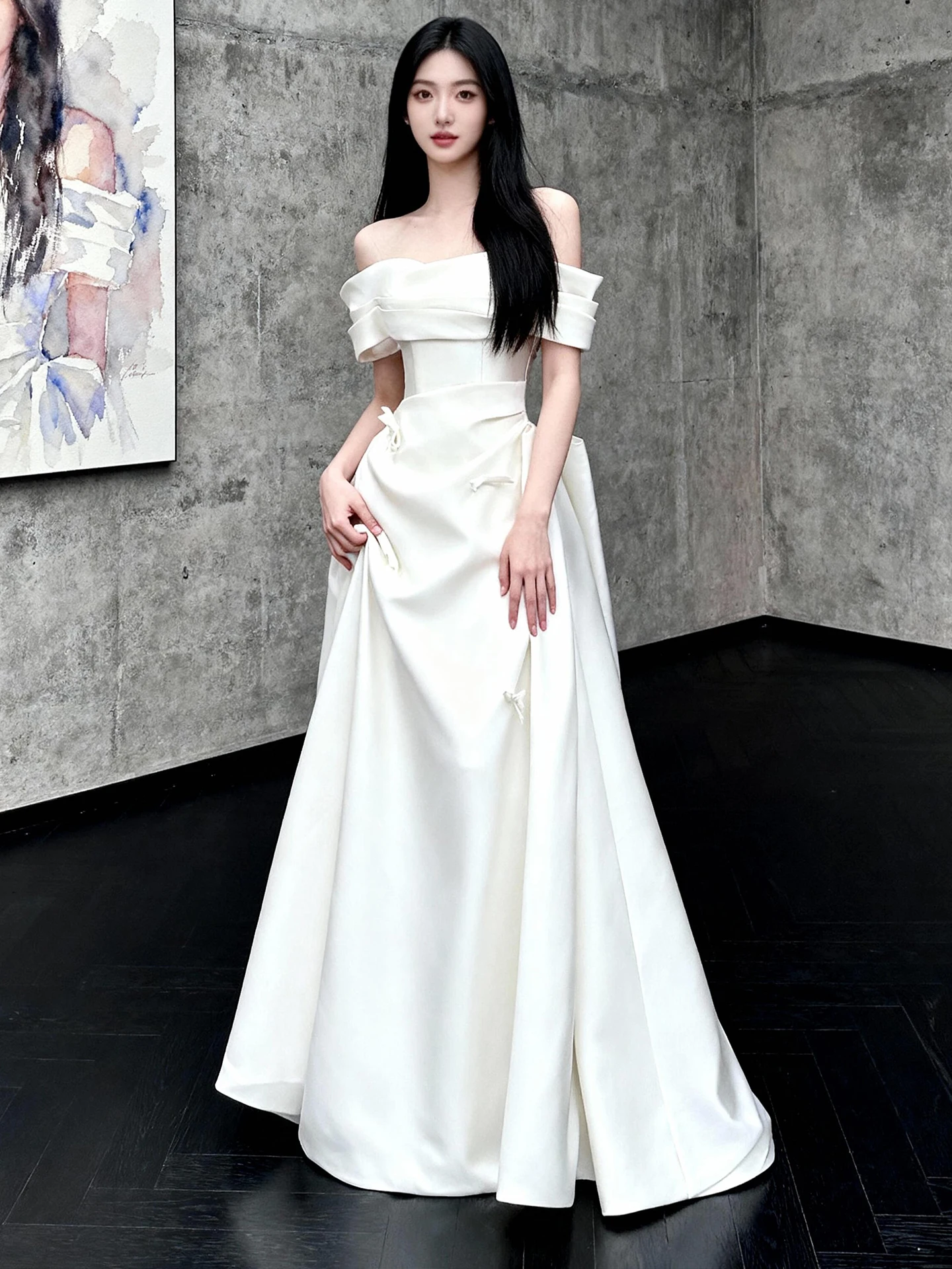 

Ele Satin Wedding Dr One oulder Long Train Bridal Gown White High-End Feelment for Engagement And Outdoor Ocns