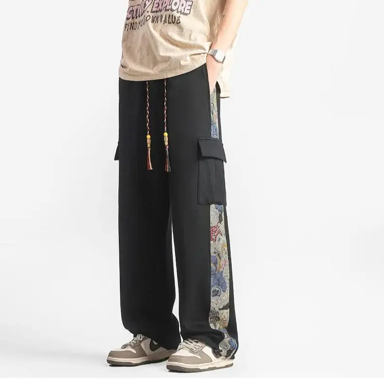 Chinese Style Casual Pants Men Youth Trendy Hundred Straight Draped Work Pants Striped Floral Soft