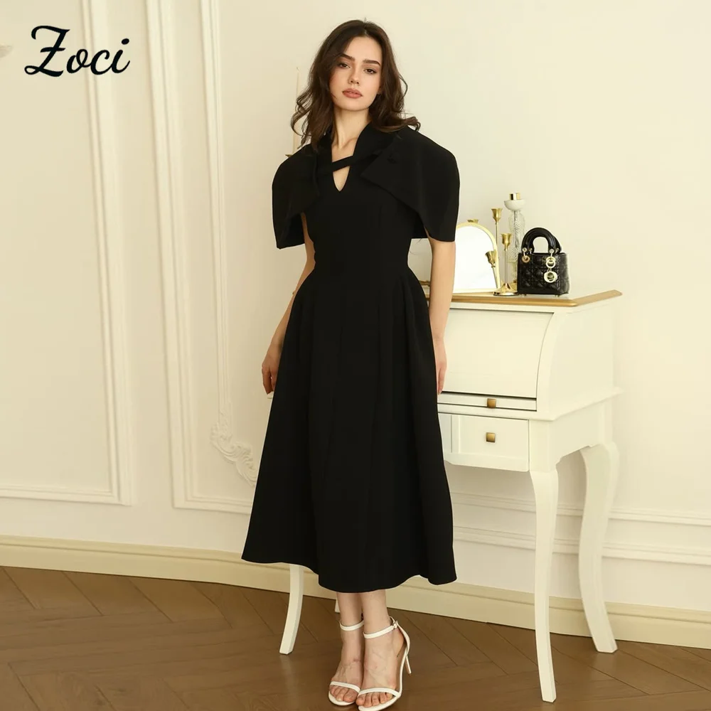 

Zoci Черное платье для выпускного вечера с v-образным вырезом и короткими рукавами Эластичное атласное вечернее платье до щиколотки икры Элегантное вечернее платье трапециевидной формы по индивидуальному заказу