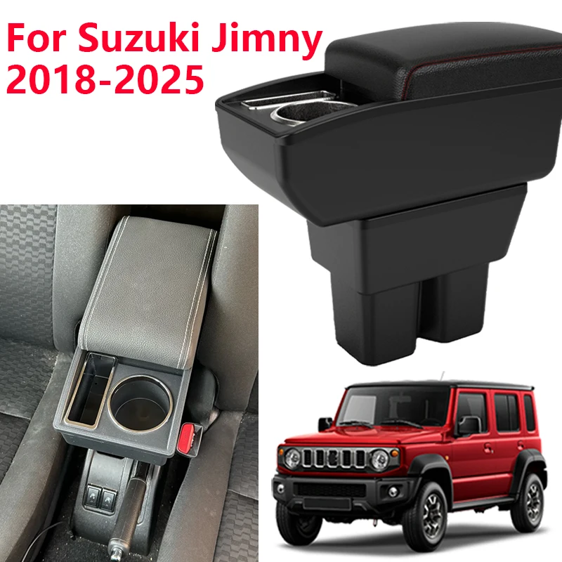 

Новинка 2023 года, аксессуары для салона автомобиля Suzuki Jimny, черный подлокотник из искусственной кожи, ящик для хранения, подстаканник 2019 2020 2021 2022 2023 2024