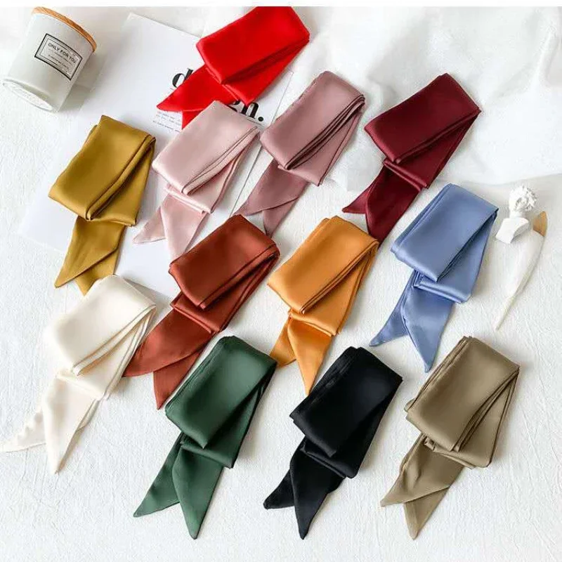 

Long Skinny Hair Scarf For Women Silk Satin Headband Cute Neckerchief Solid Colors 190*5cm Fashion Bag Scarves For Ladies 2023