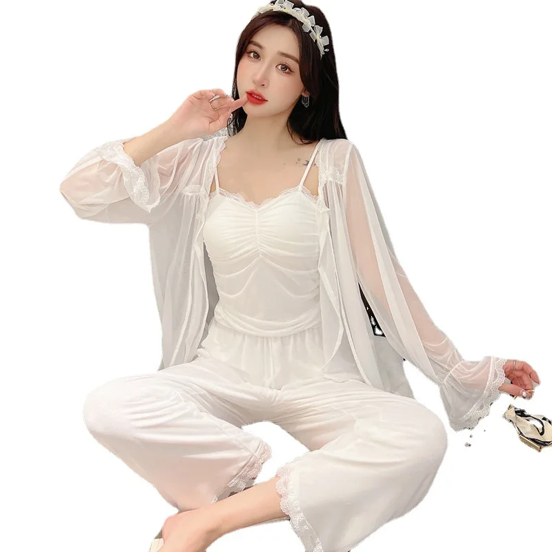 3PC Modal Gauze Sleep Suit Womens Lace Pajamas Gown Set Palace Style Cami Nighties Wear Pijama Home With Breast Pad Nightwear