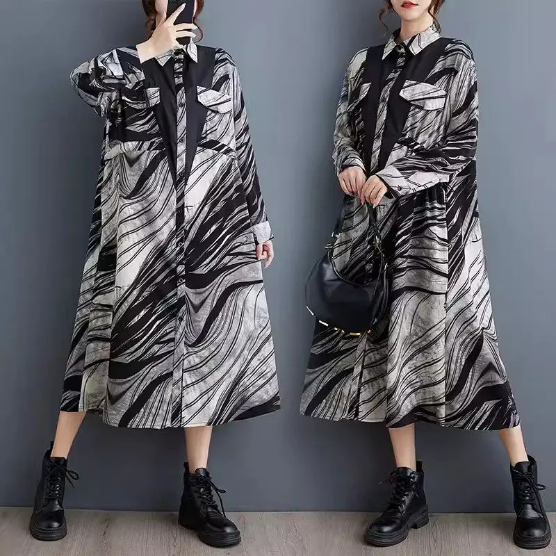 

2024 Spring And Autumn New Chiffon Printed Casual Shirt Dress Women's Drawstring Fashion Log Sleeve Korean Edition Dress K2234