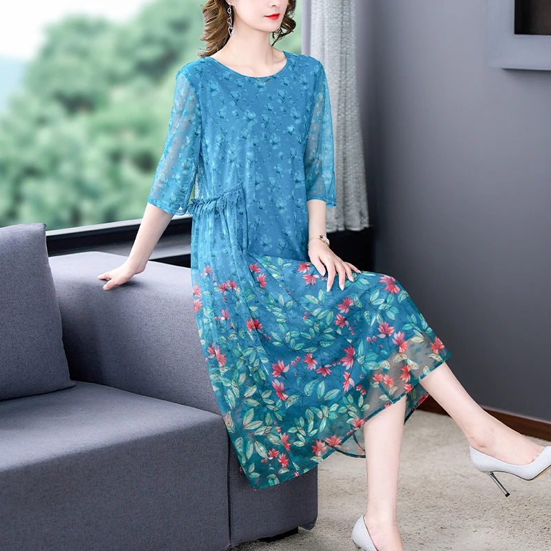 2022 New Floral Silk Vacation Midi Dress Women Boho Fashion Loose Beach Dress Spring Summer Korean Elegant Bodycon Casual Dress