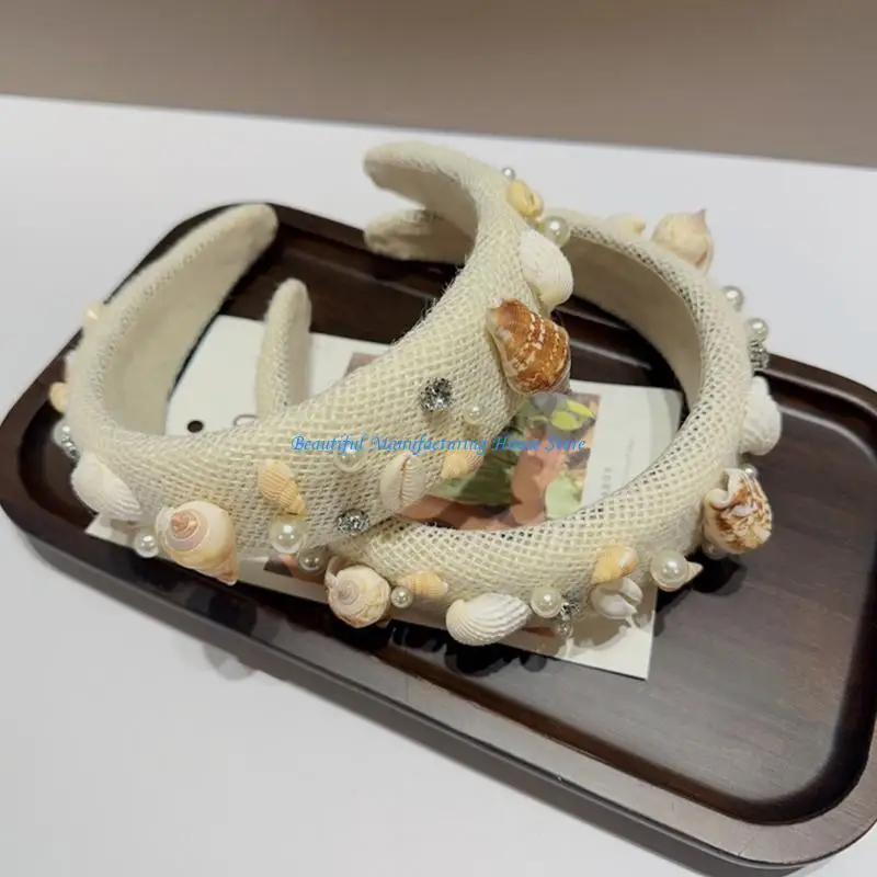 E56A Rhinestones Pearl Headband Conch Headband for Beach Party Shell Headband view 3