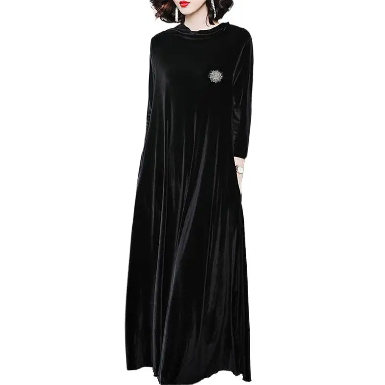 

Women Autumn Winter maxi velour Dresses Big size Turtleneck Sexy elegant Korean velevt Dresses Vestidos Crystal brooch 5XL 6XL