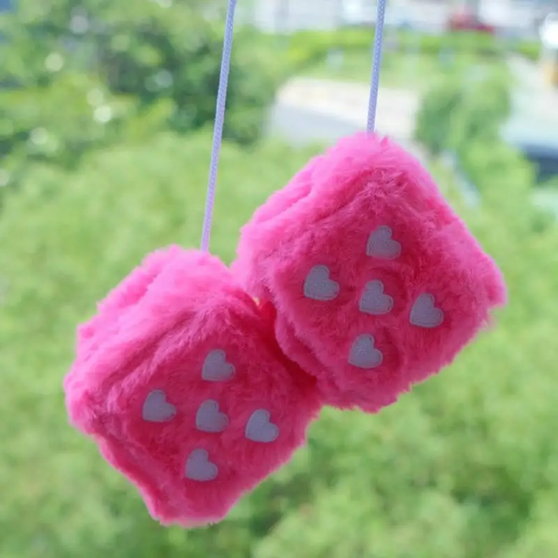 Fuzzy Plush Dice 1 Pair Auto Plush Dice Pendant Heart-shaped Embroidery Pattern Dice Pendant For Home And Workplace Decoration