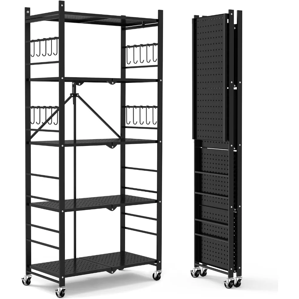 

Storage Shelves with 20 Hooks, 5-Tier Collapsible Organization Storage Rack Bookshelf Folding Pantry Shelves Cube Shelf Wire