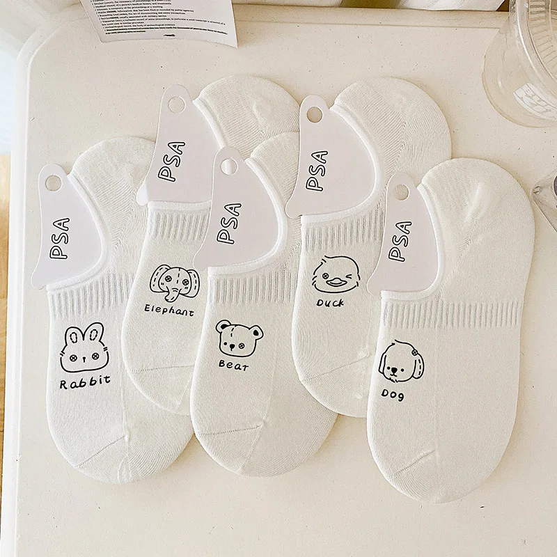 

5 Pairs Summer Women Socks White Cartoon Socks Rabbit Elephant Bear Duck Dog Breathable Casual Female Slippers Invisible Socks