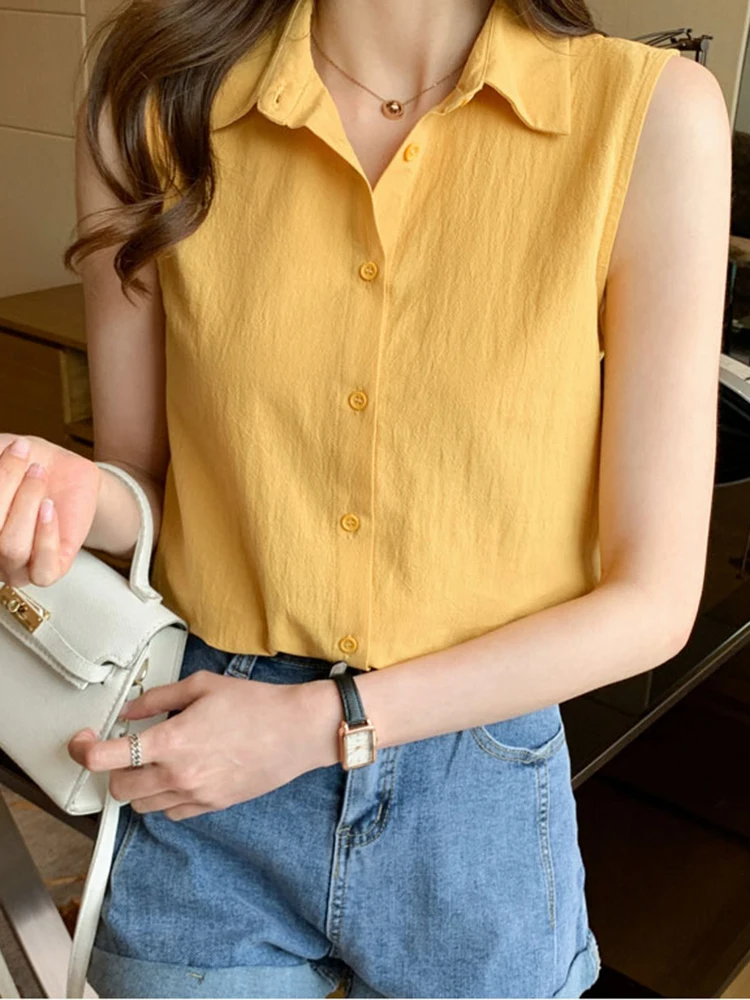 OL Style Shirts Women Turn-down Collar Sleeveless Women Blouse Tops Elegant Workwear Female Tops blusas femme Summer